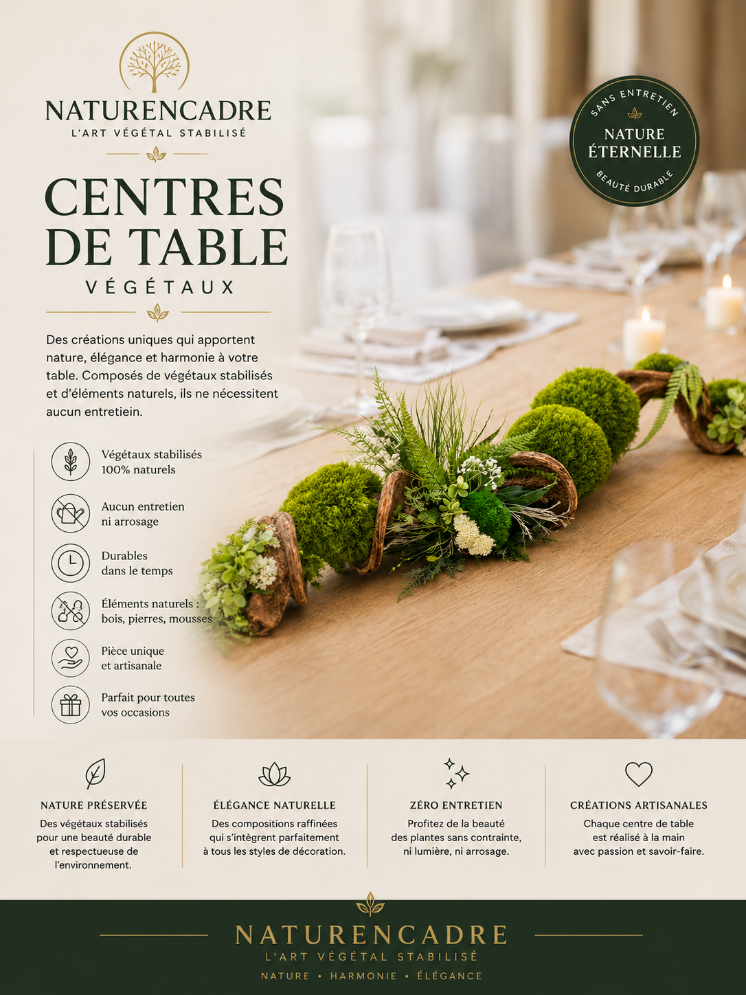 Centres de table végétaux haut de gamme – Créations artisanales Naturencadre