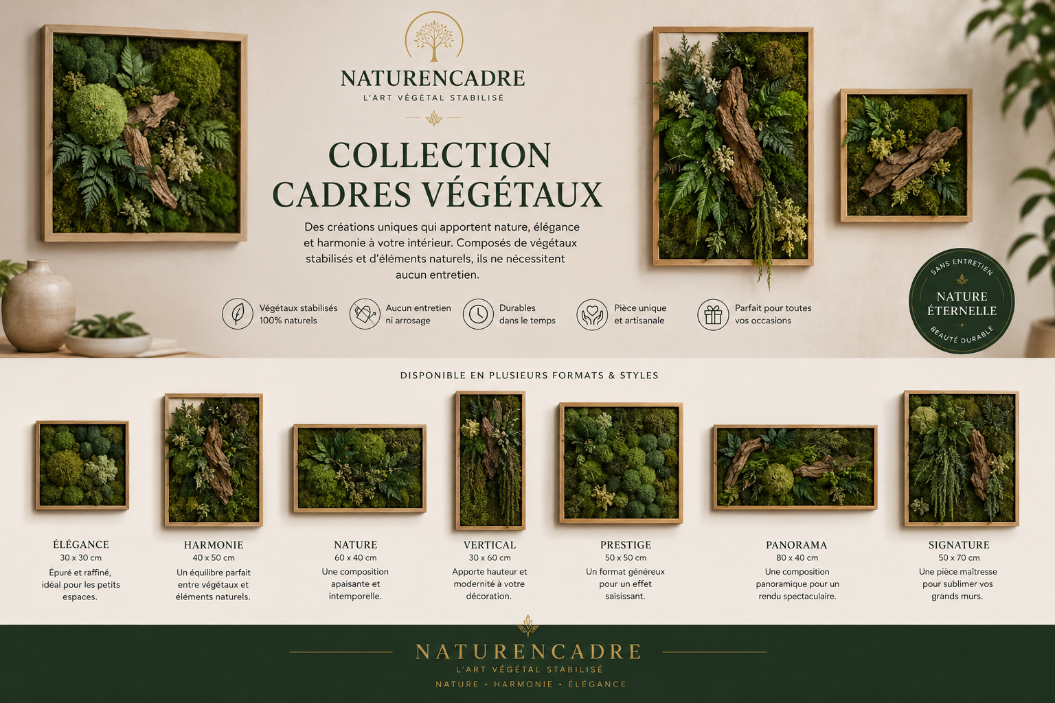 Cadres Végétaux Stabilisés – Art Mural Naturel Haut de Gamme