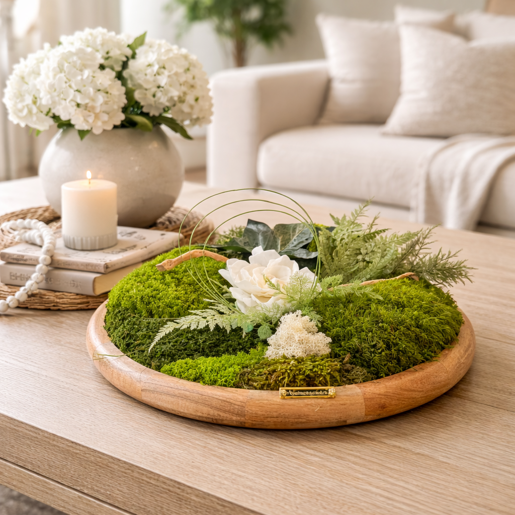 Centre de table végétal- Mousse naturelle, fleur blanche et feuillages stabilisés – Décoration mariage bohème chic