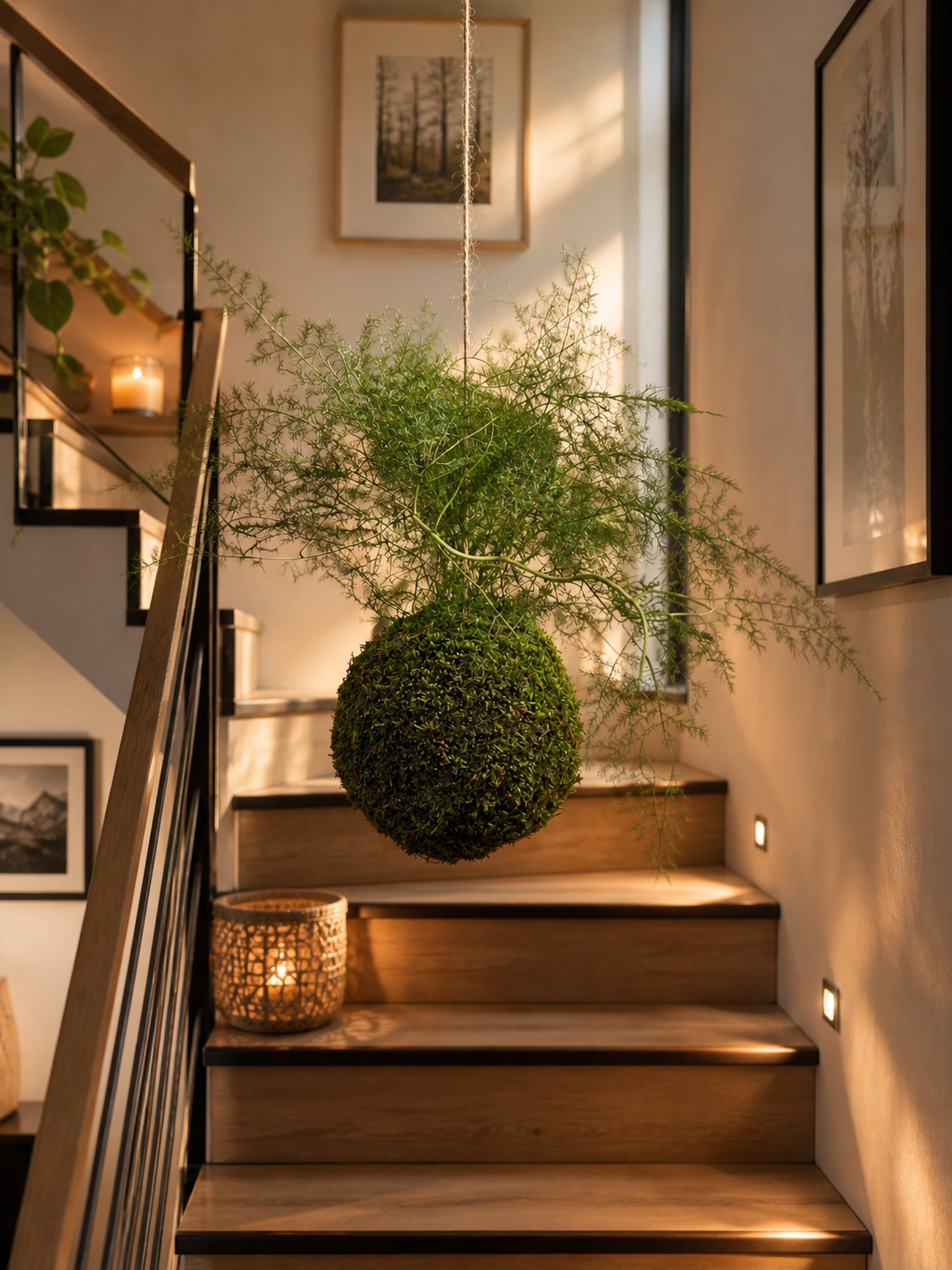 Kokedama suspendu en asparagus stabilisé – Art végétal aérien – Décoration zen bohème – Suspension végétale artisanale