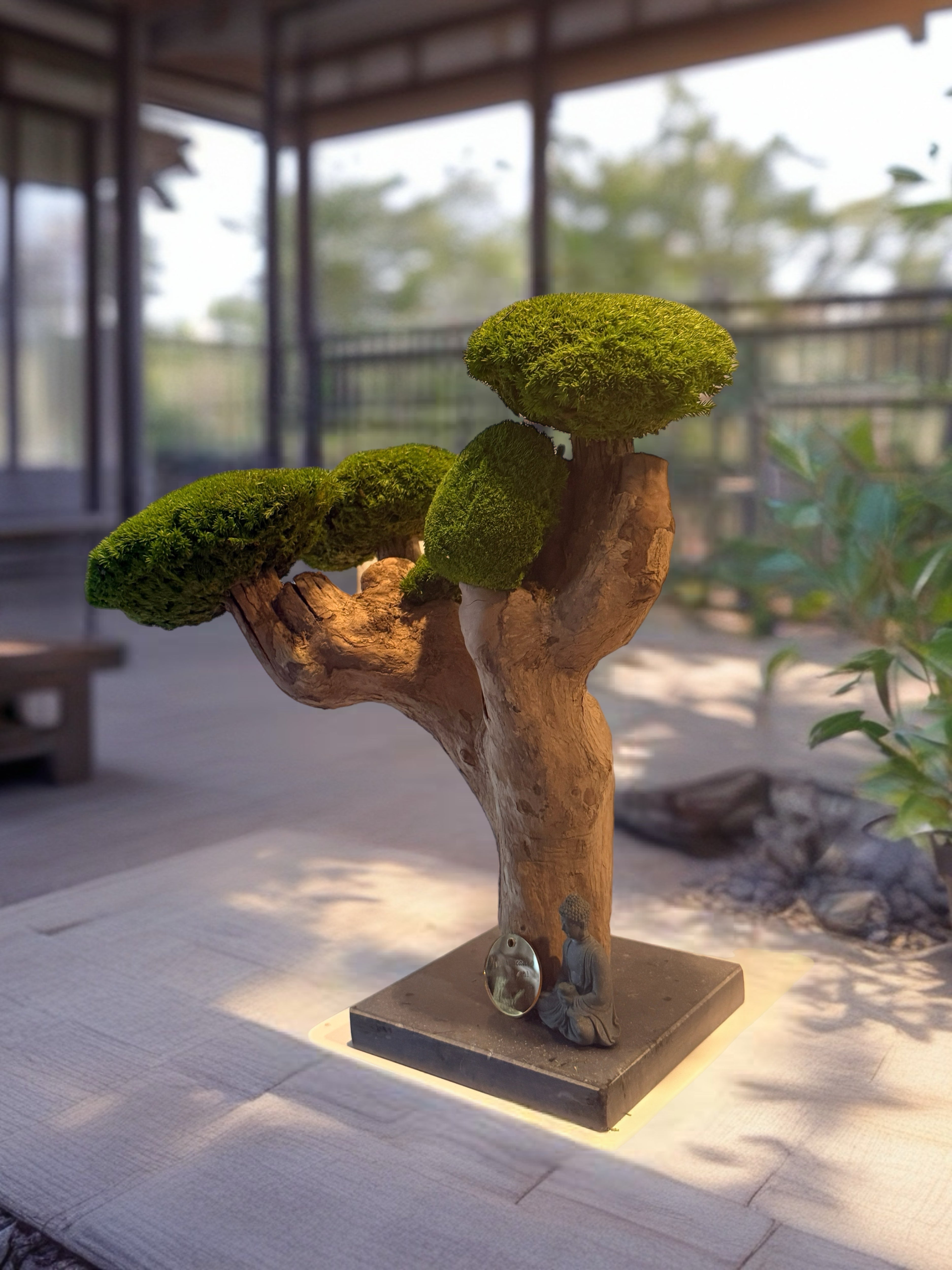 Bonsaï végétal stabilisé sculptural – Art végétal Zen haut de gamme – Pièce unique Japandi / Wabi Sabi – Bois naturel et mousse stabilisée