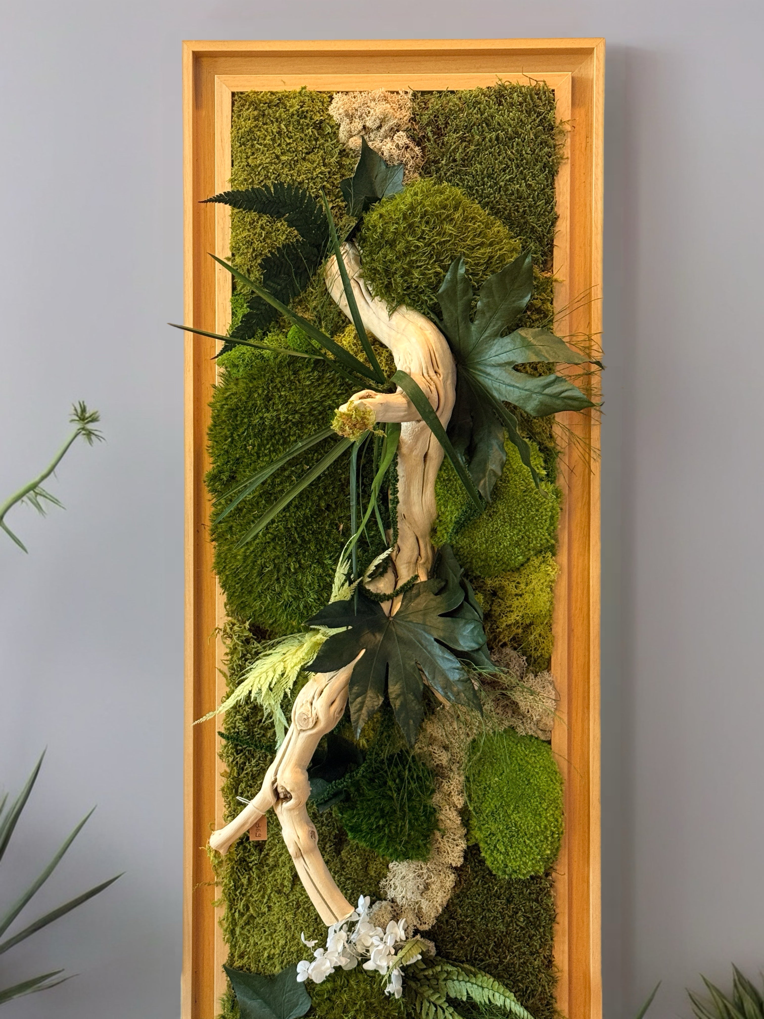 Grand cadre végétal mural– Caisse américaine – Œuvre végétale verticale 100 cm – Décoration murale nature chic