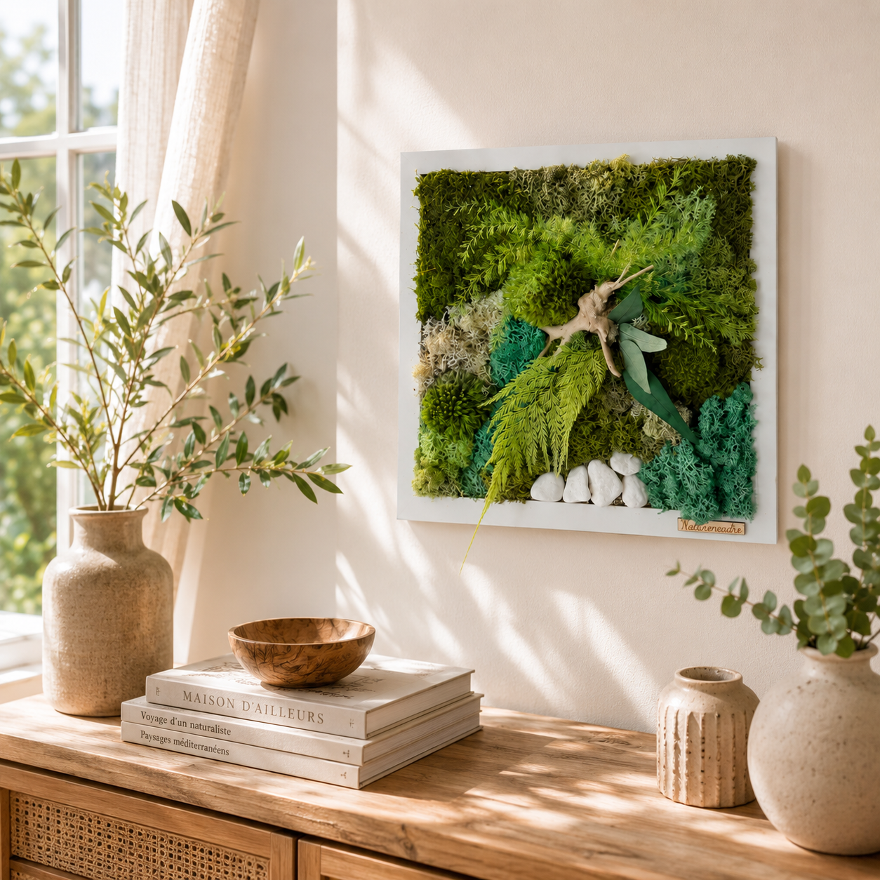 Cadre végétal stabilisé 30x30 cm – Art végétal naturel mural – Décoration zen et moderne