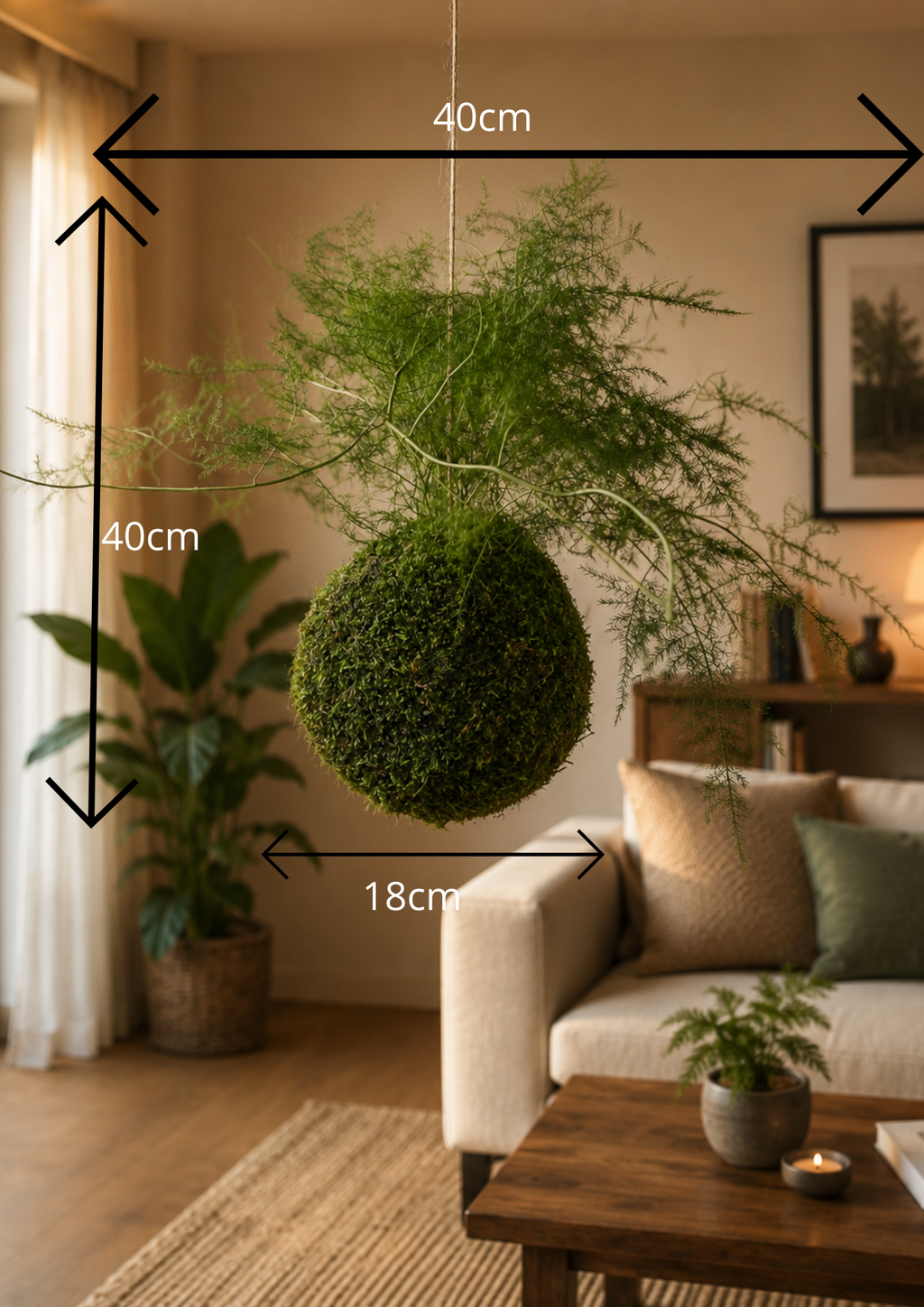 Boule de mousse stabilisée- kokedama à suspendre- deco luxe unique