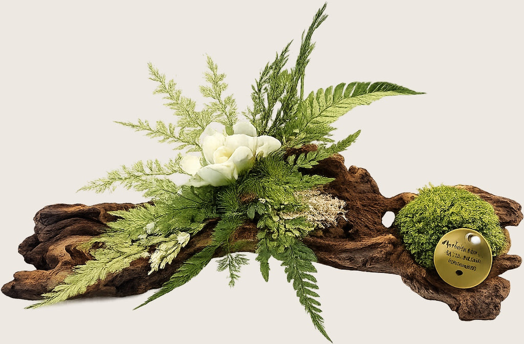 Centre de table végétal stabilisé bois flotté– Sculpture florale Japandi avec gardénia blanc, mousse stabilisée et fougère – Pièce unique