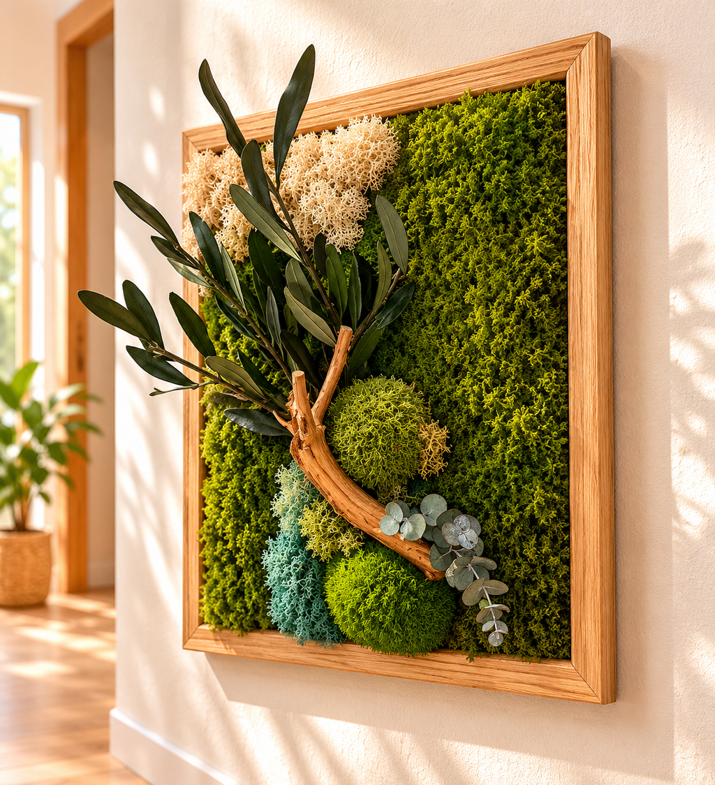 Cadre végétal stabilisé olivier – Décoration murale naturelle bois et mousse – Tableau végétal vertical bohème zen – Art végétal fait main