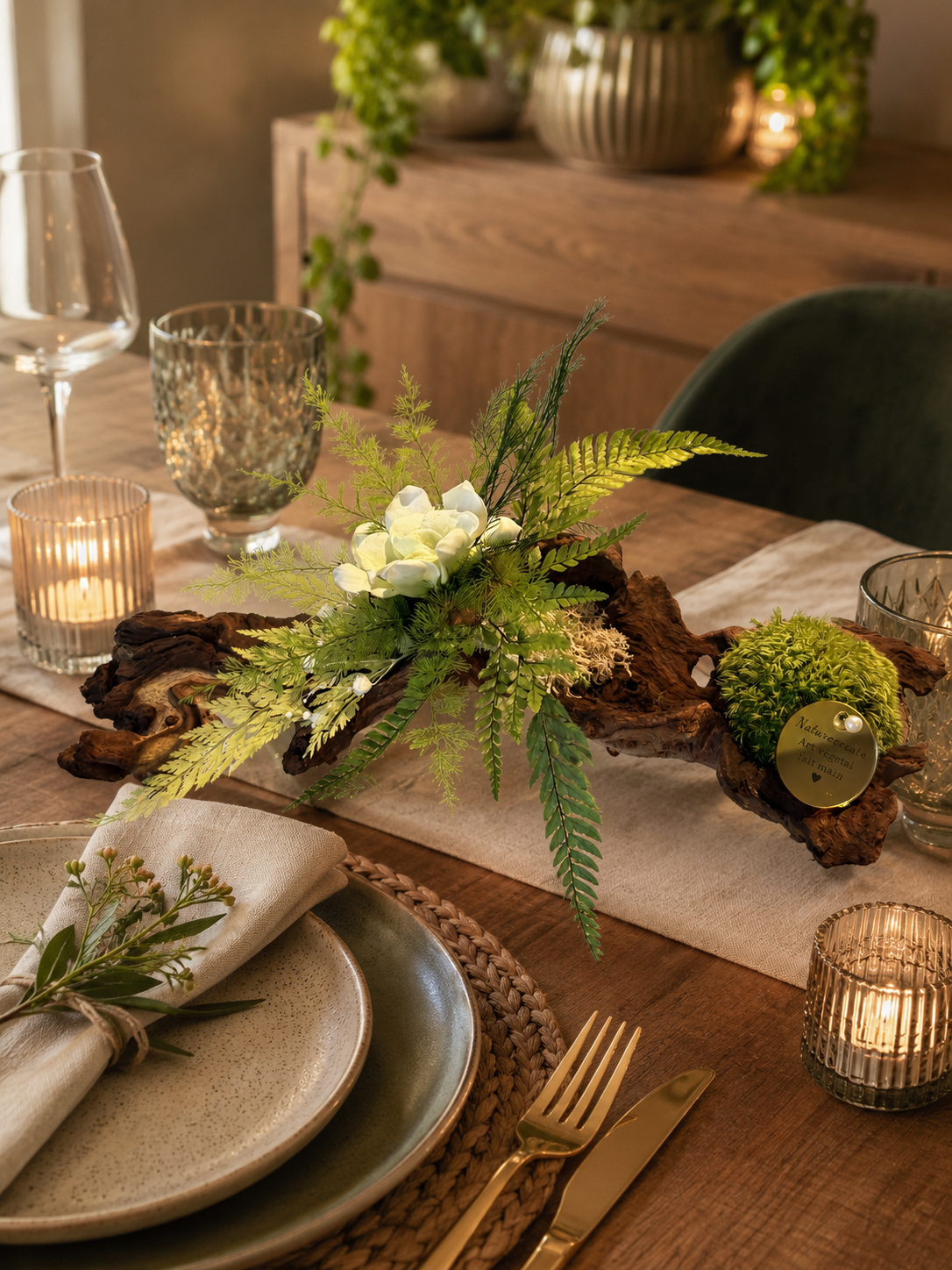 Centre de table végétal stabilisé bois flotté– Sculpture florale Japandi avec gardénia blanc, mousse stabilisée et fougère – Pièce unique