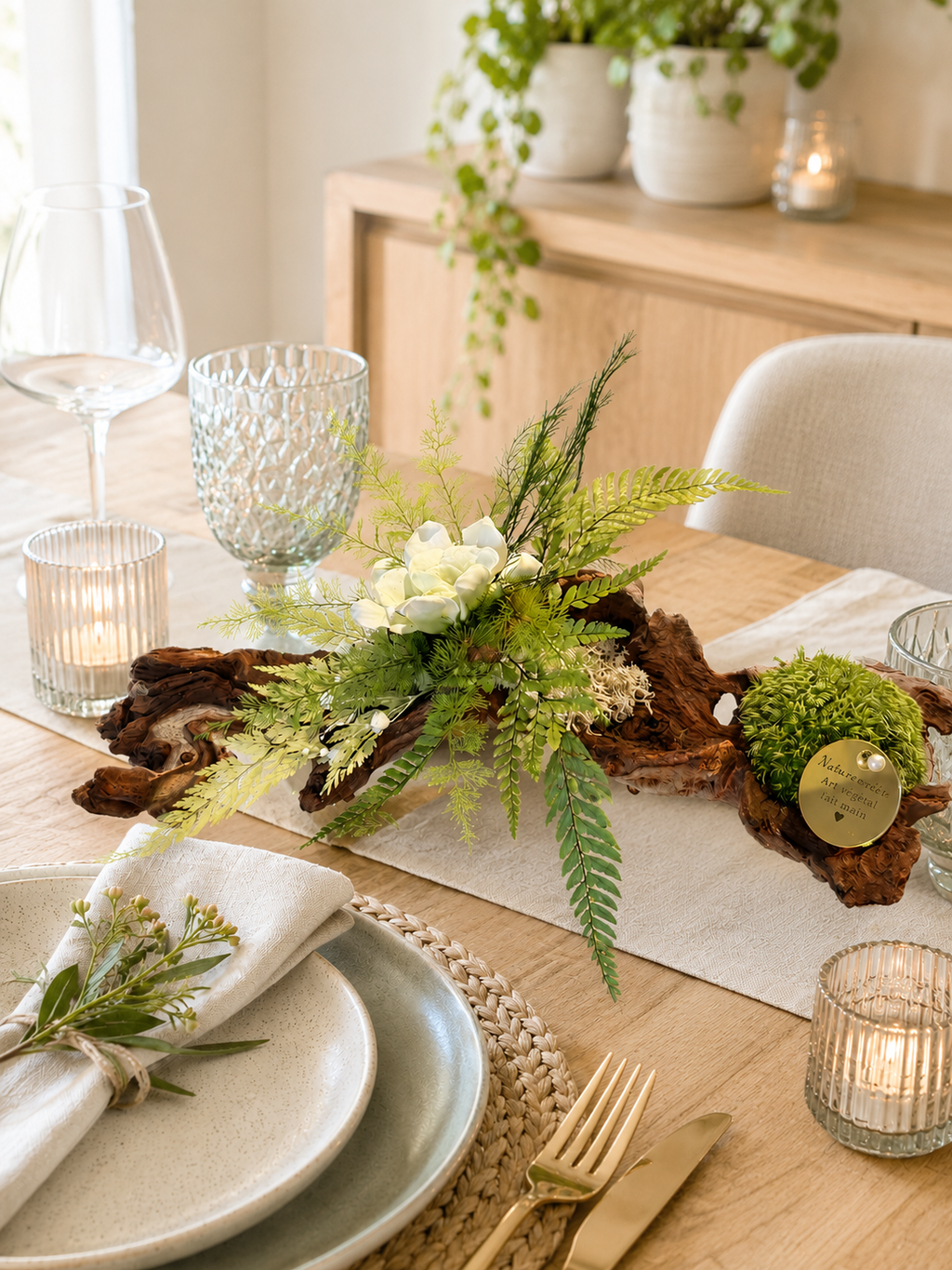 Centre de table végétal stabilisé bois flotté– Sculpture florale Japandi avec gardénia blanc, mousse stabilisée et fougère – Pièce unique