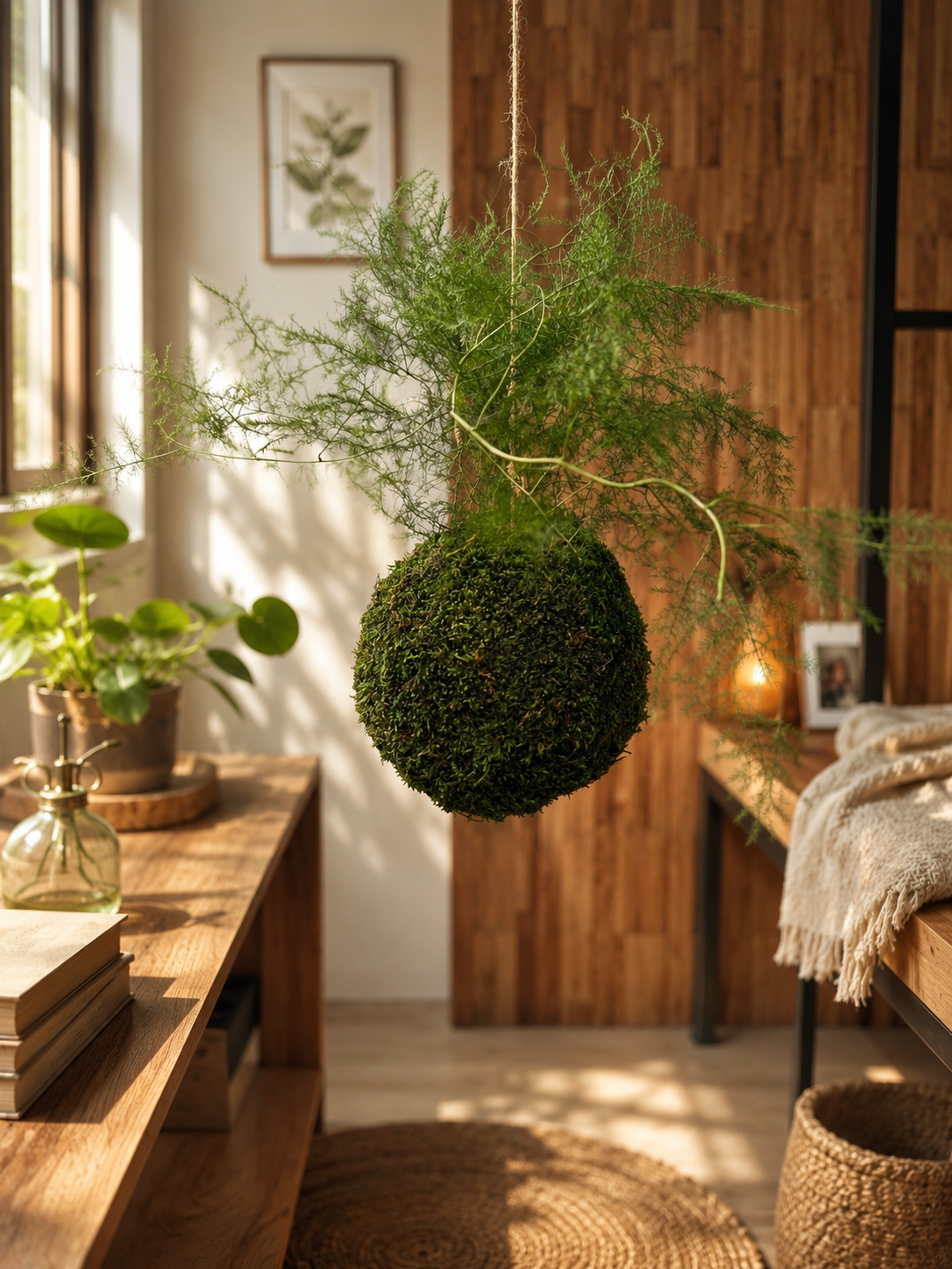 Kokedama en mousse et feuillages stabilisés asparagus sans entretien décoration unique et chic