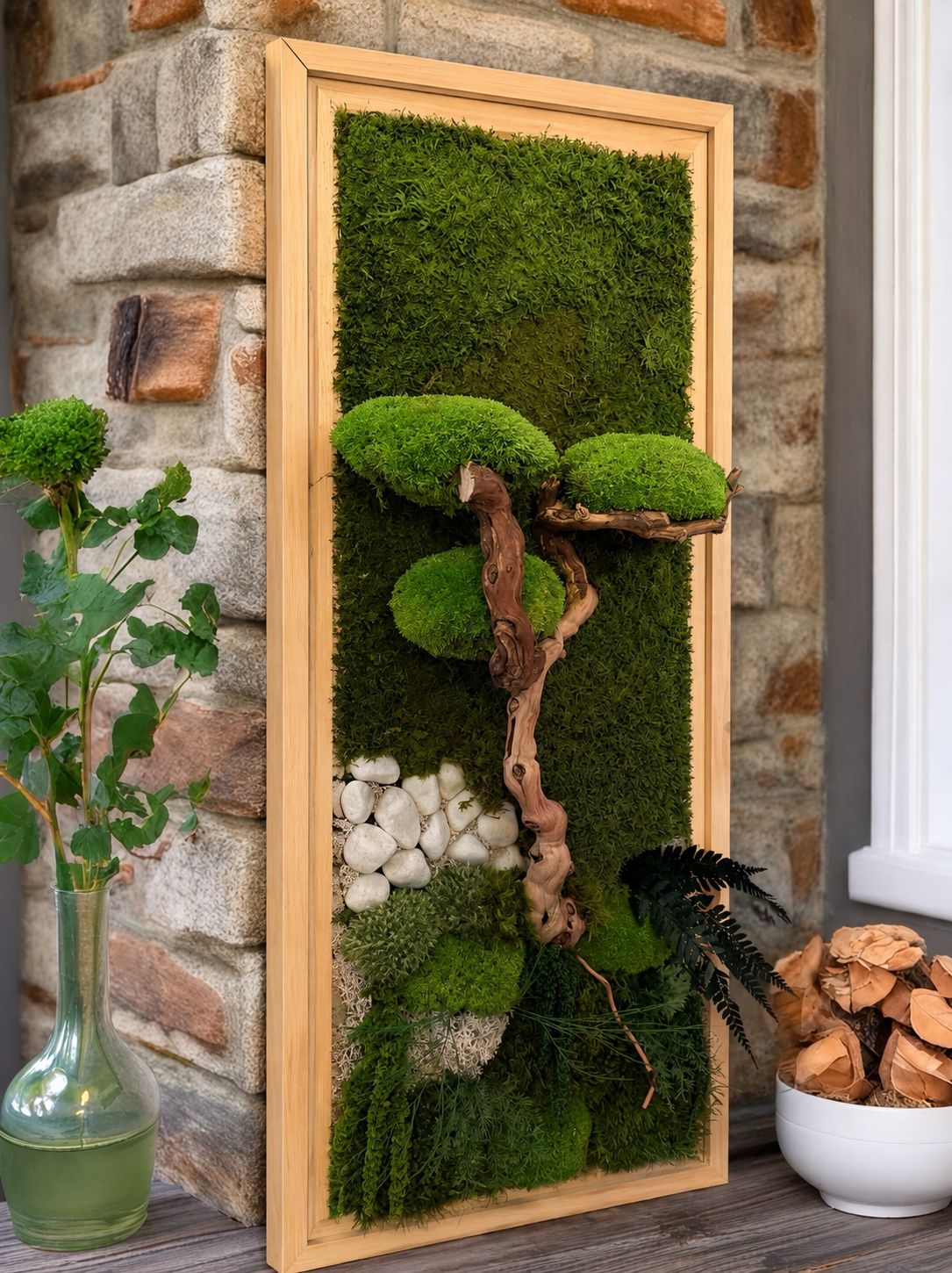 Grand cadre végétal stabilisé style bonsaï zen – Bois flotté et mousse naturelle – Art mural Japandi – Décoration murale nature luxe