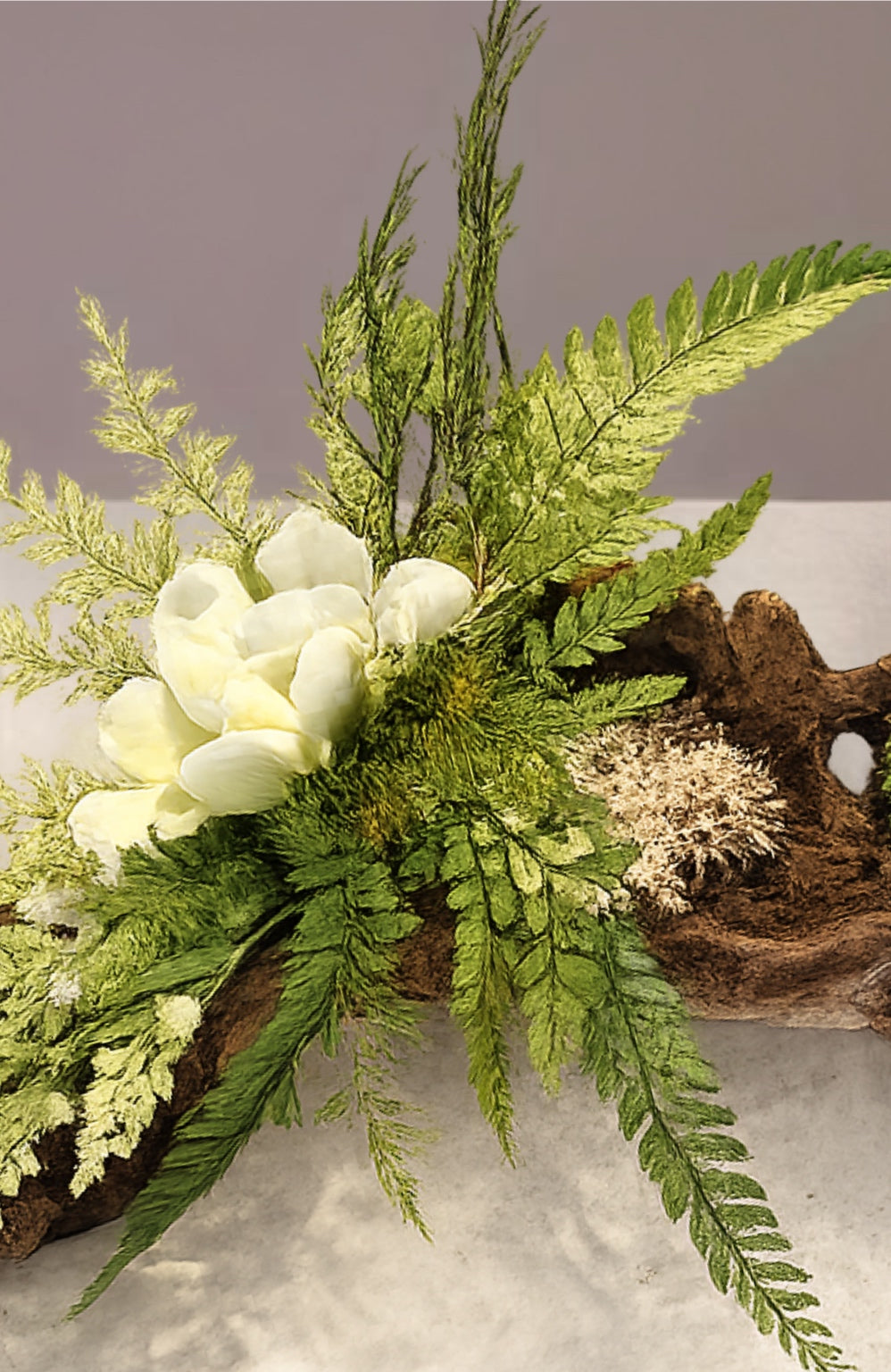 Centre de table végétal stabilisé bois flotté– Sculpture florale Japandi avec gardénia blanc, mousse stabilisée et fougère – Pièce unique