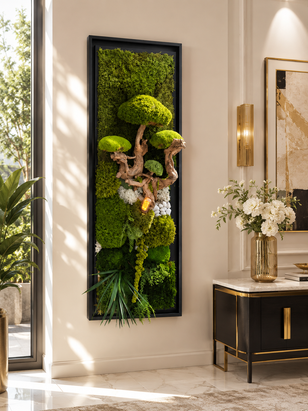 Bonsaï Mural Stabilisé XXL dans sa Caisse Américaine Noire – Tableau Végétal Lumineux 100 x 38 cm haut de gamme