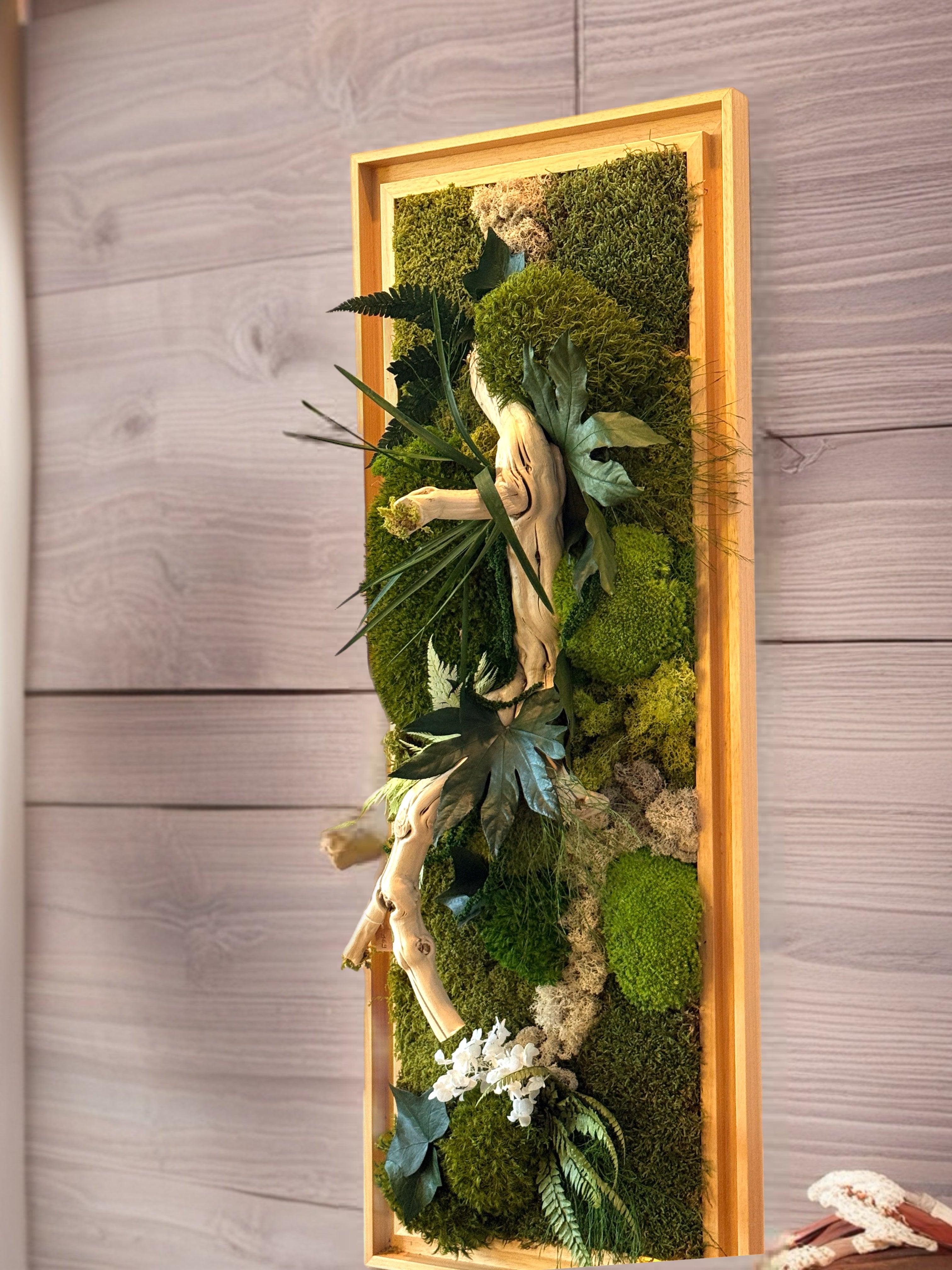 Grand cadre végétal mural– Caisse américaine – Œuvre végétale verticale 100 cm – Décoration murale nature chic