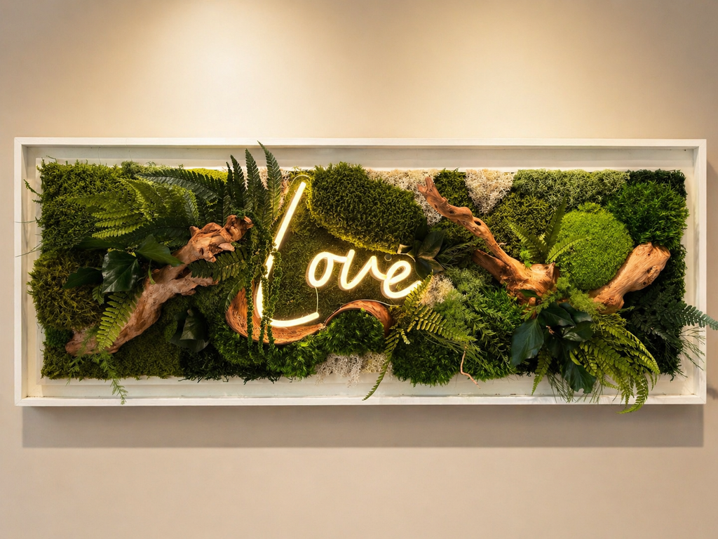 Cadre végétal 100 cm avec néon LOVE– Art mural naturel luxe– Décoration murale moderne bois flotté– Tableau mousse stabilisée