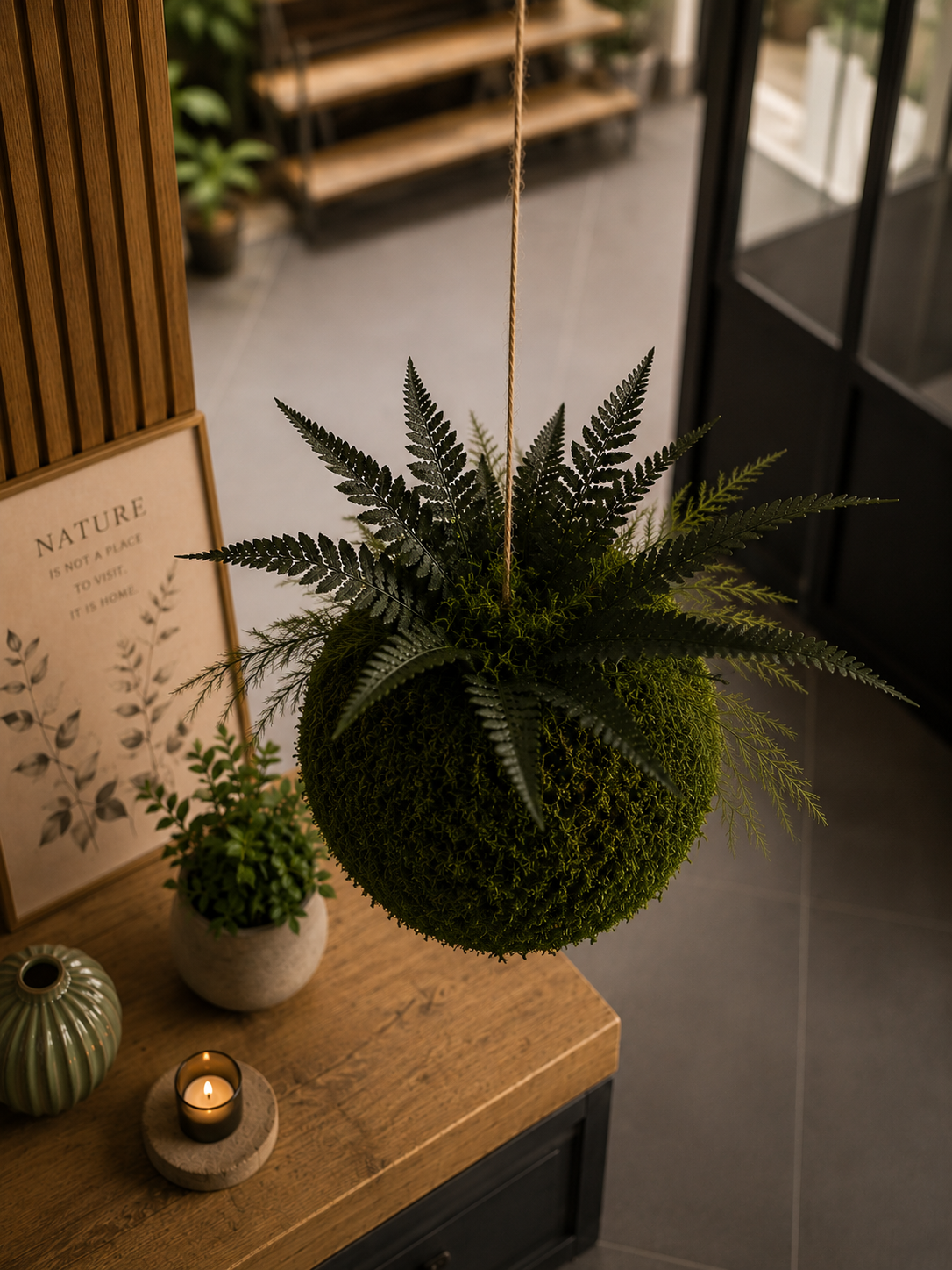 Kokedama suspendu avec fougères stabilisées – Art végétal aérien – Décoration zen bohème – Suspension végétale artisanale