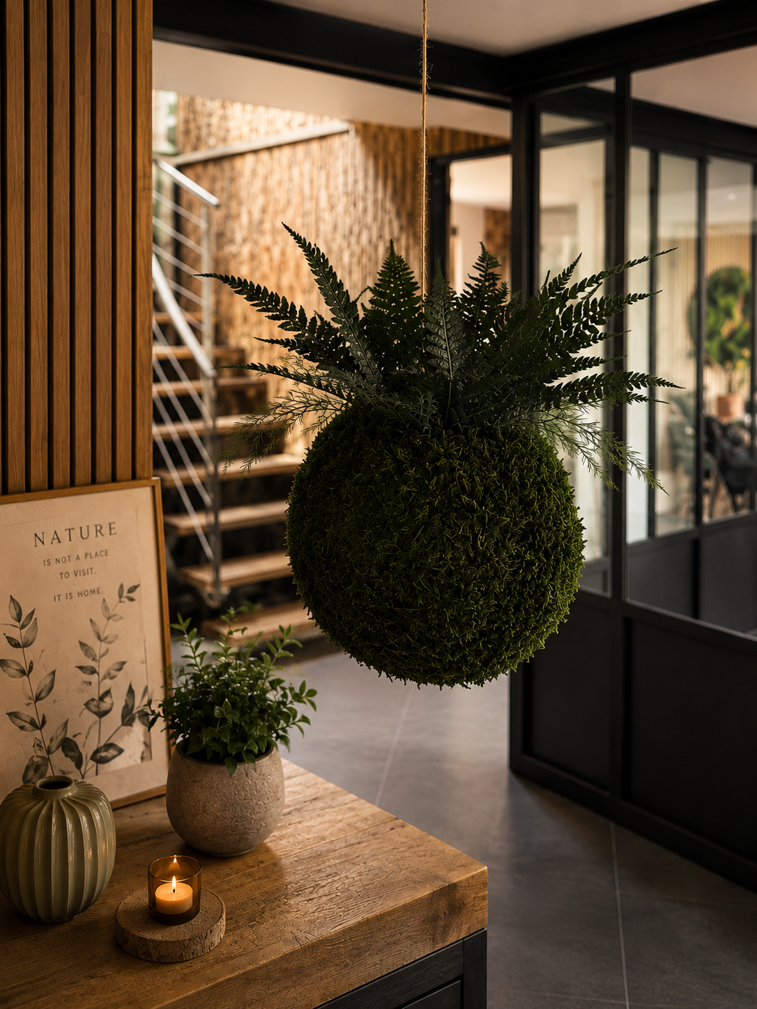 Kokedama suspendu avec fougères stabilisées – Art végétal aérien – Décoration zen bohème – Suspension végétale artisanale