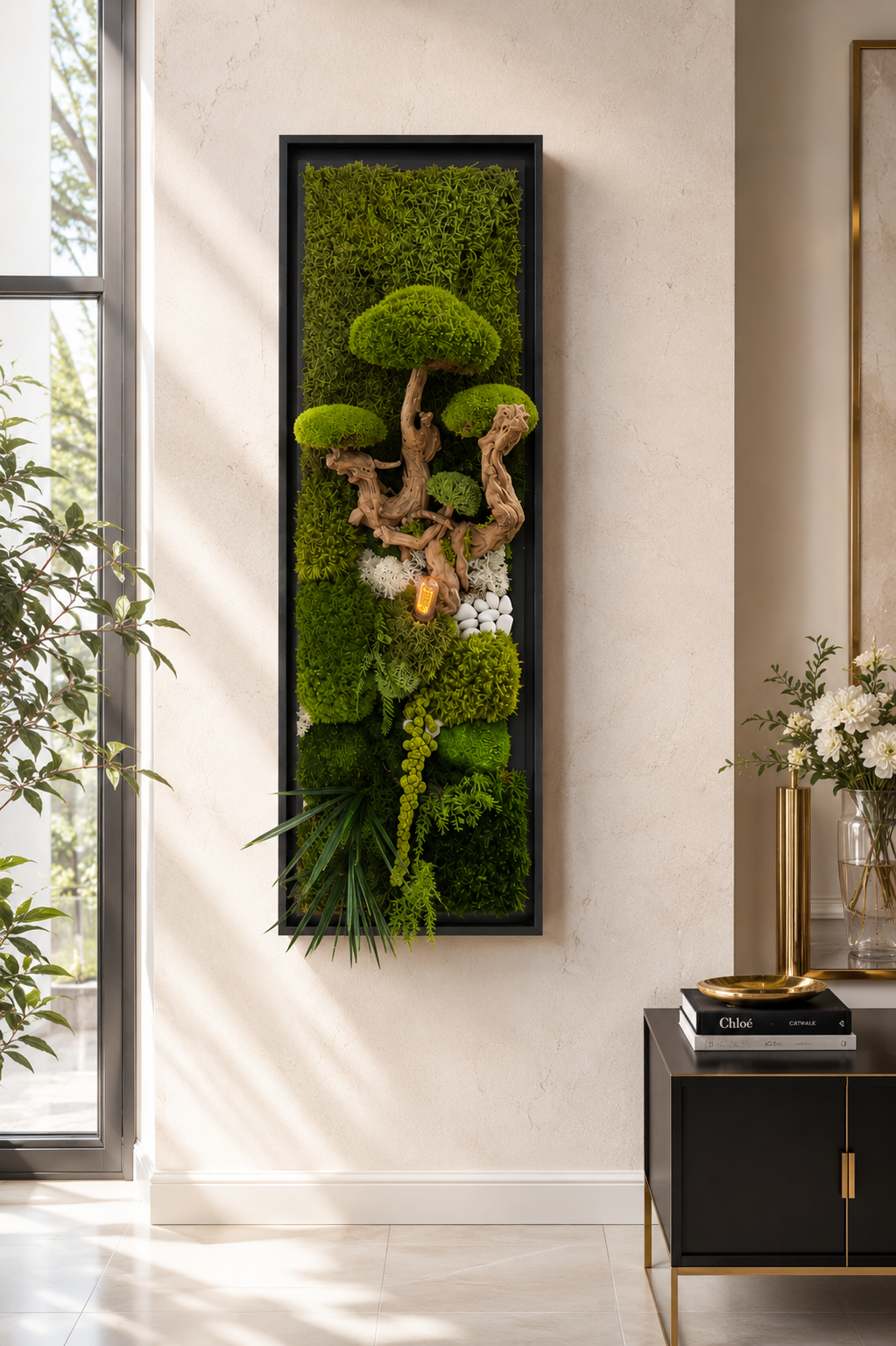 Bonsaï Mural Stabilisé XXL dans sa Caisse Américaine Noire – Tableau Végétal Lumineux 100 x 38 cm haut de gamme