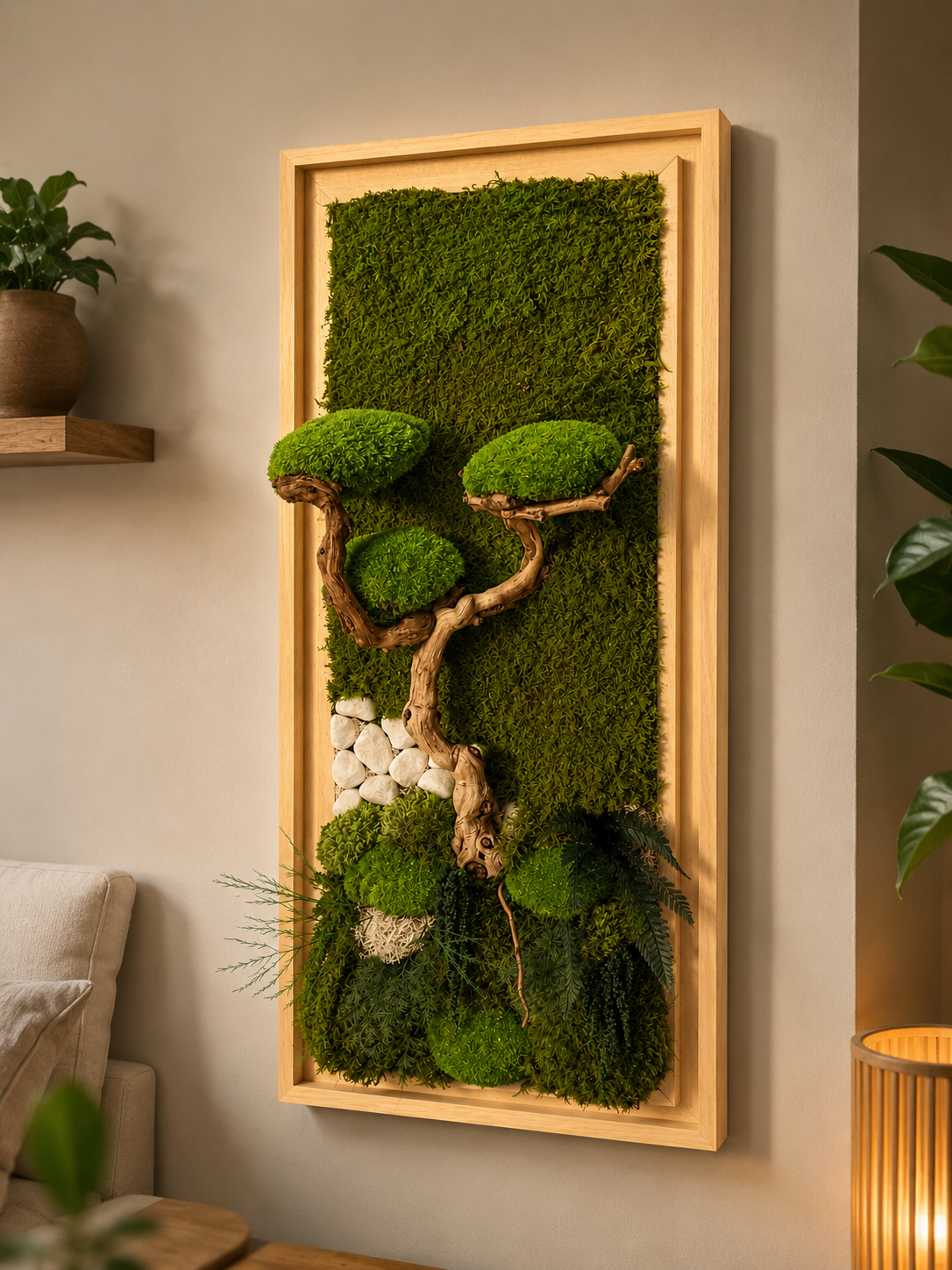 Grand cadre végétal stabilisé style bonsaï zen – Bois flotté et mousse naturelle – Art mural Japandi – Décoration murale nature luxe