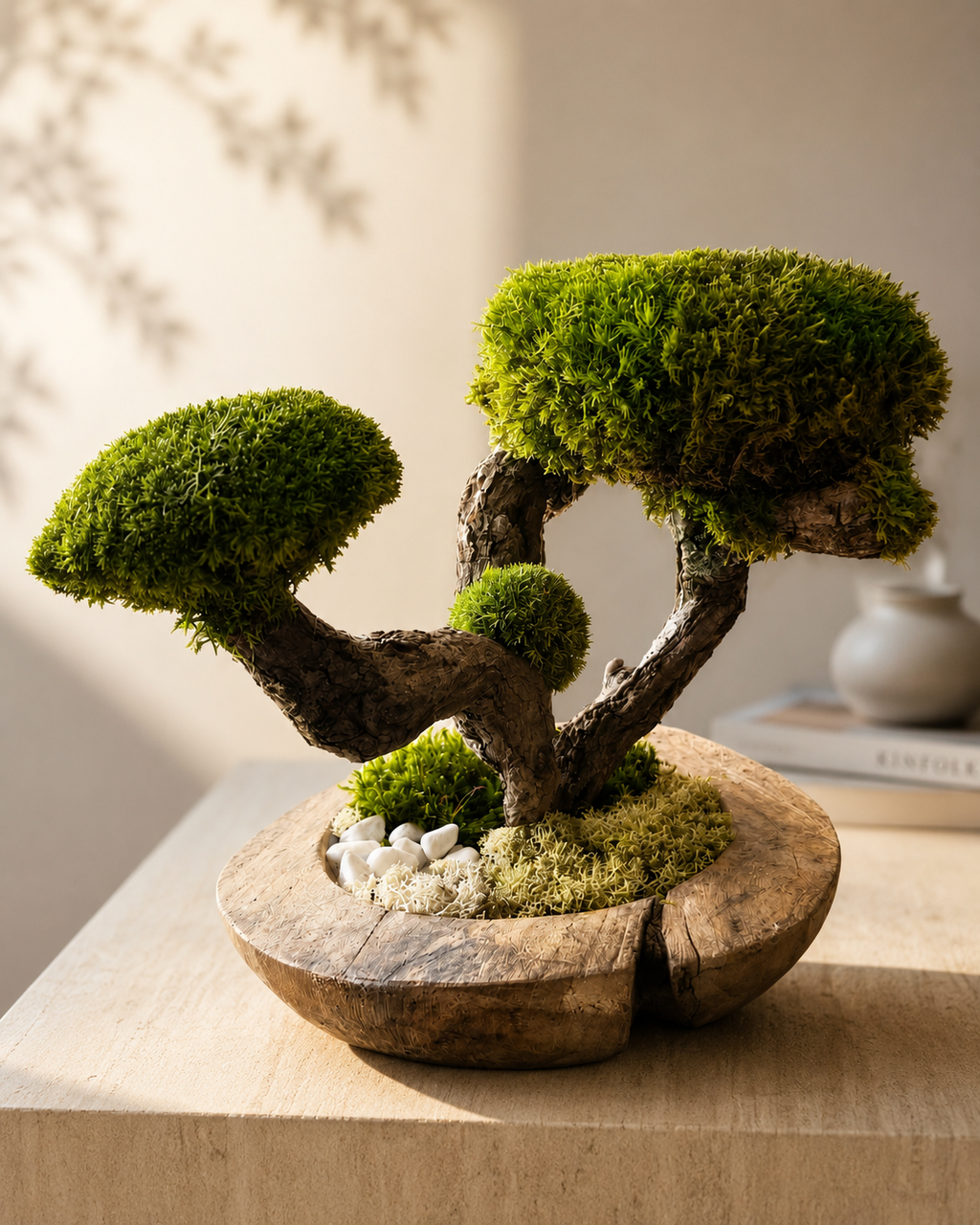 Bonsaï Stabilisé d’Exception sur Pot en Teck – Pièce Unique Artisanale