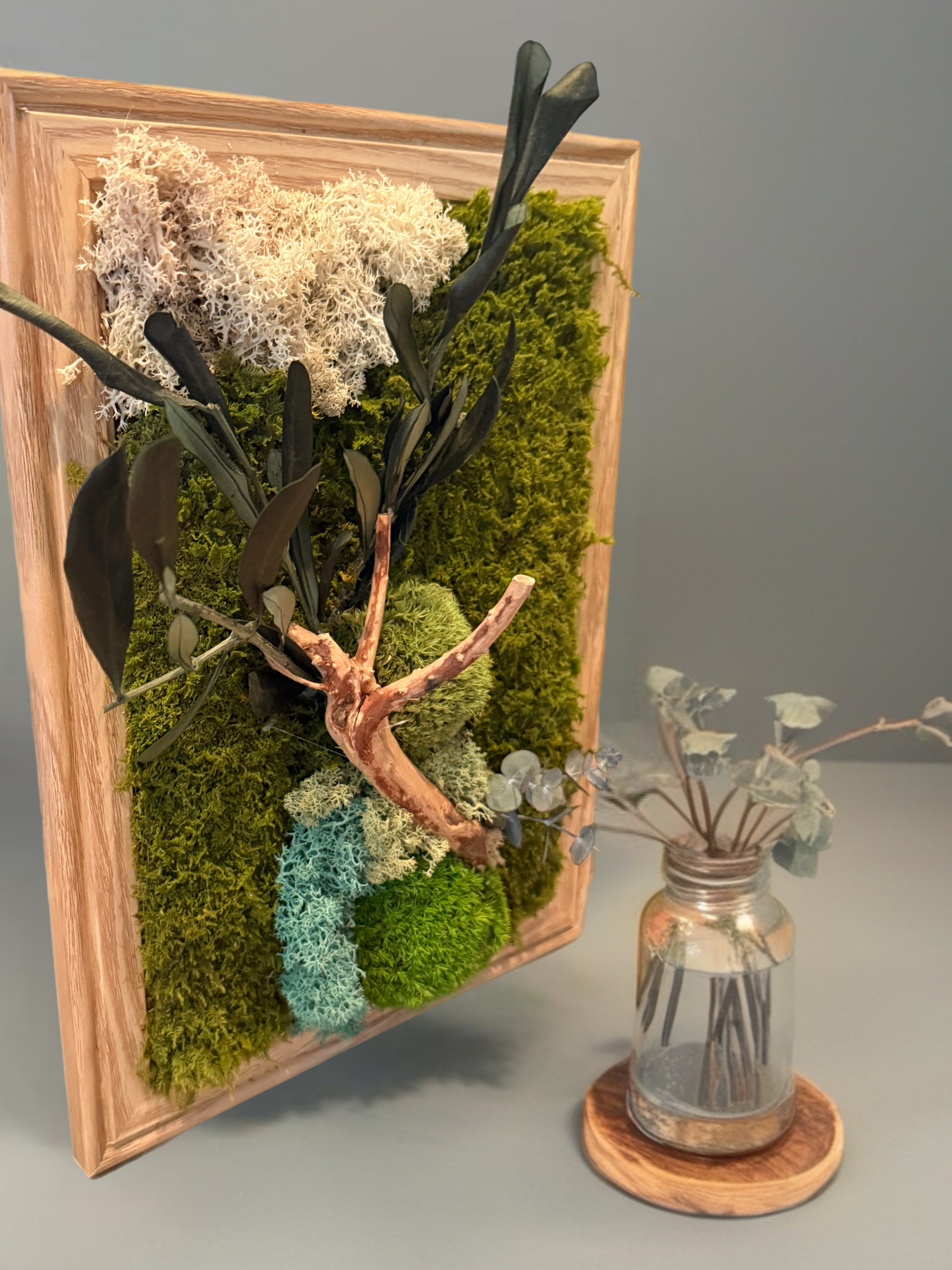 Cadre végétal stabilisé olivier – Décoration murale naturelle bois et mousse – Tableau végétal vertical bohème zen – Art végétal fait main