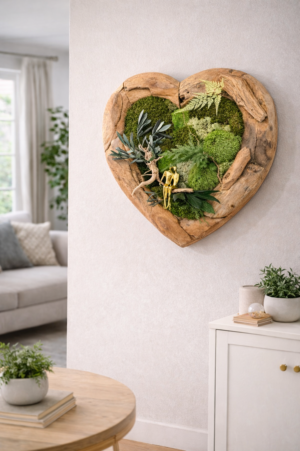 Décoration murale végétale luxe en teck massif forme cœur– Cadre mousse stabilisée – Art nature bohème chic