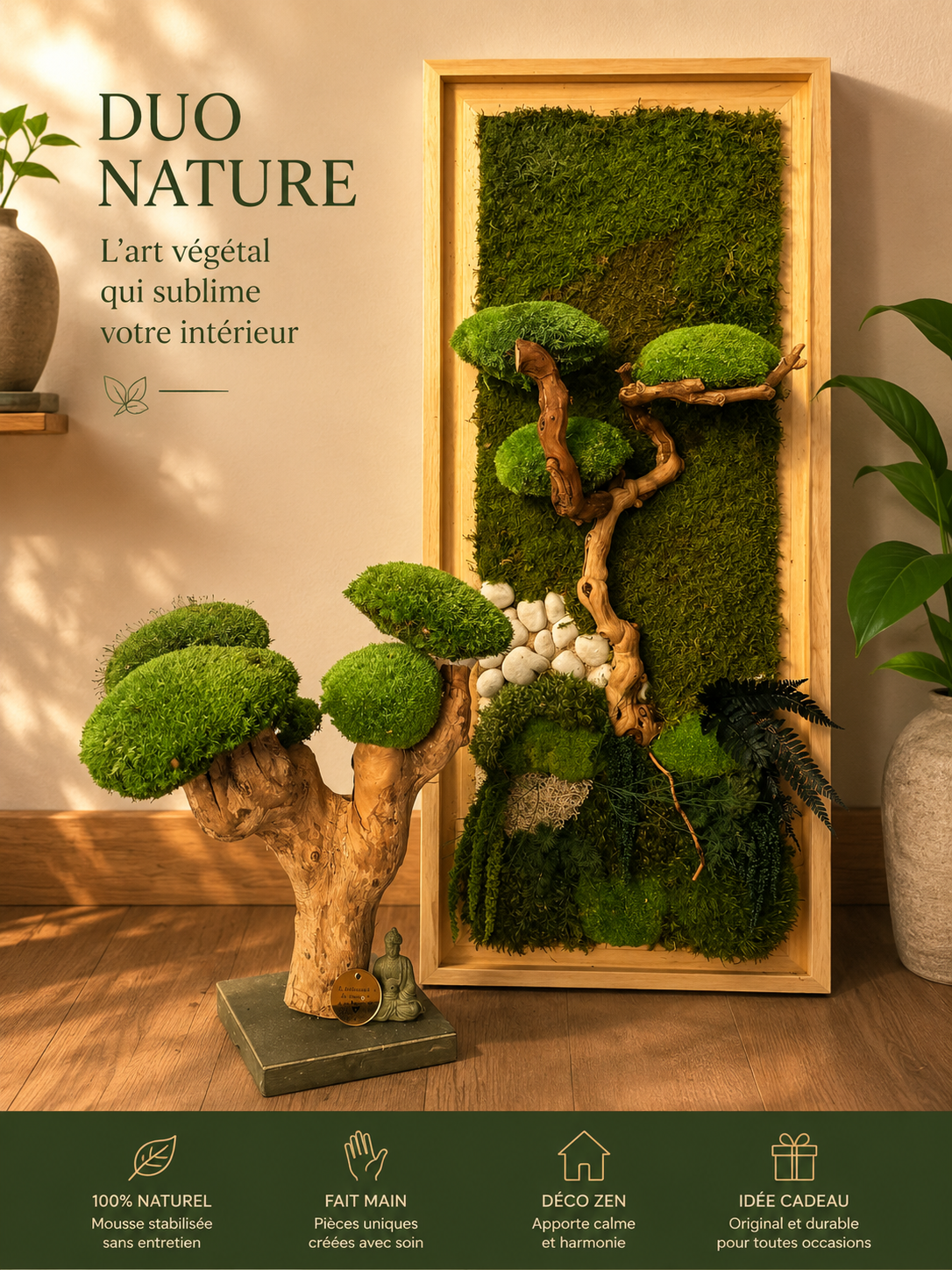 Grand cadre végétal stabilisé style bonsaï zen – Bois flotté et mousse naturelle – Art mural Japandi – Décoration murale nature luxe