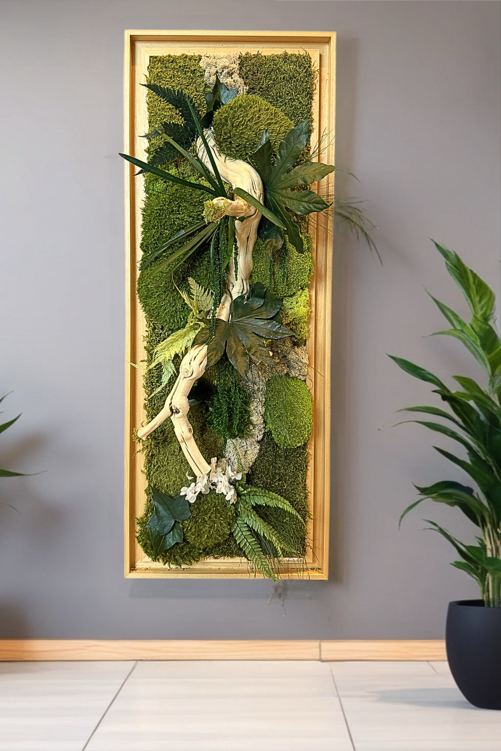 Grand cadre végétal mural– Caisse américaine – Œuvre végétale verticale 100 cm – Décoration murale nature chic
