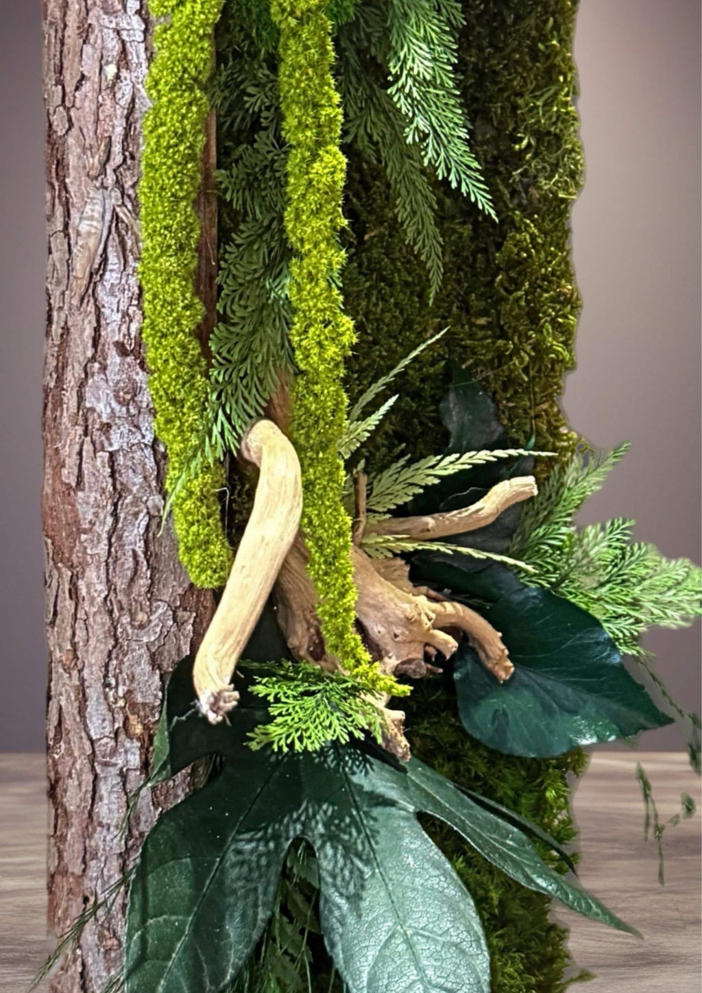 Cadre végétal stabilisé vertical Mousse naturelle et bois flotté  Cadre en écorce  Décoration murale nature