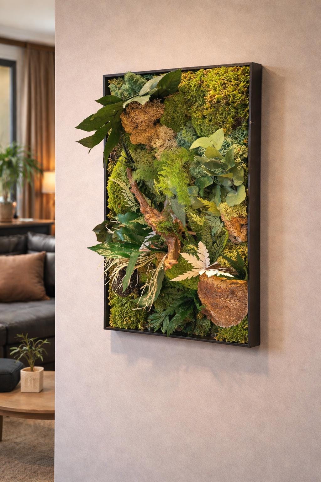 Cadre végétal stabilisé mural  Déco nature haut de gamme  Tableau végétal design bois flotté  Sans entretien  Cadeau déco unique