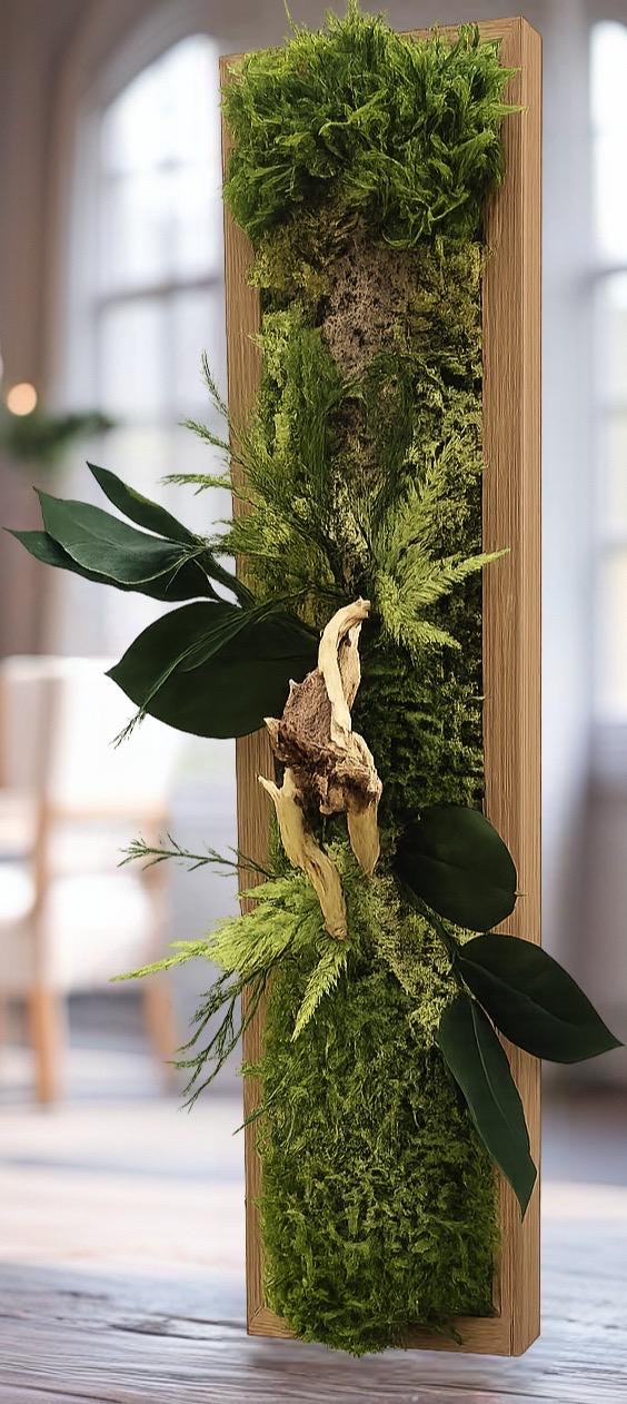 Cadre végétal stabilisé vertical Décoration murale naturelle en mousse et bois flotté  Art végétal sans entretien