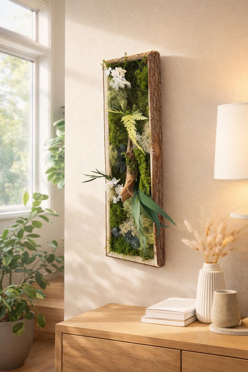 Cadre végétal stabilisé vertical Mousse naturelle et bois flotté  Cadre en écorce  Décoration murale nature