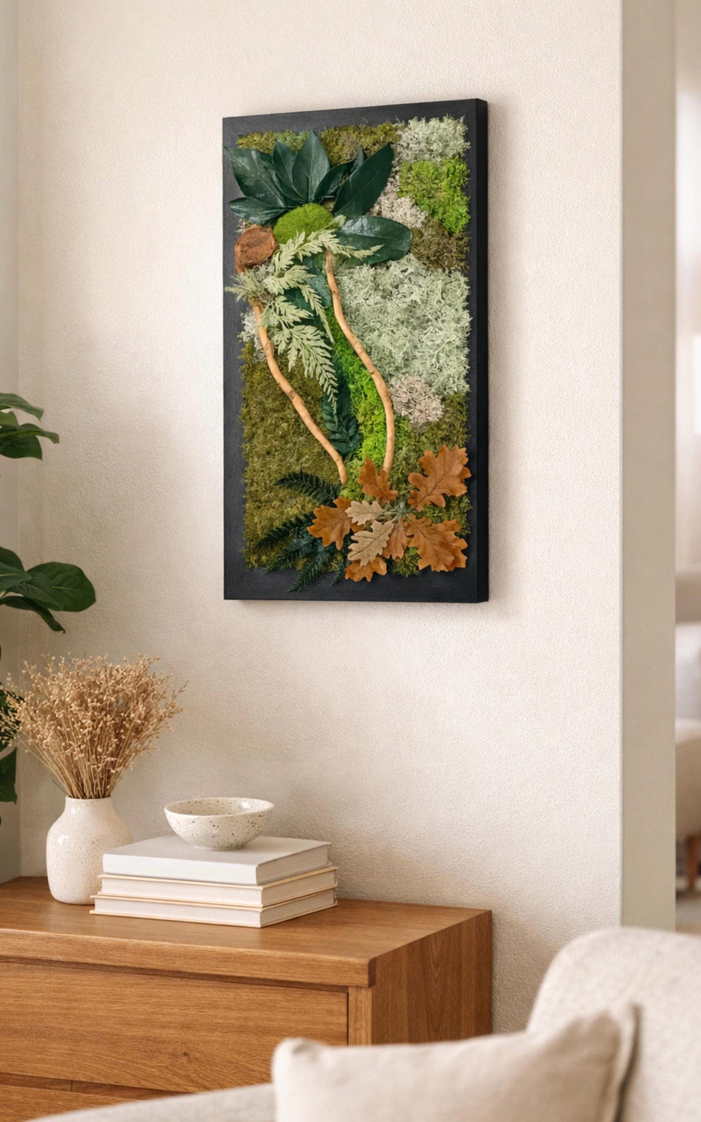 Cadre végétal stabilisé Tableau végétal naturel forêt & feuilles de chêne  Décoration murale végétale sans entretien