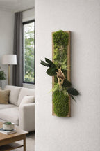 Cadre végétal stabilisé vertical Décoration murale naturelle en mousse et bois flotté  Art végétal sans entretien