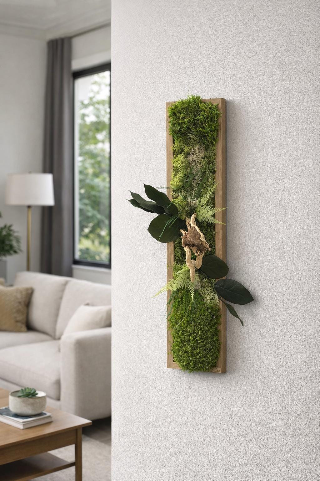 Cadre végétal stabilisé vertical Décoration murale naturelle en mousse et bois flotté  Art végétal sans entretien