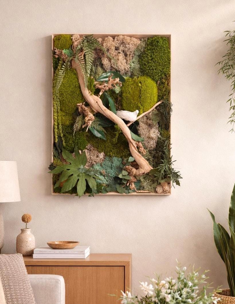 Cadre végétal stabilisé à LED mur végétal zen avec bois flotté, mousse naturelle et feuillages