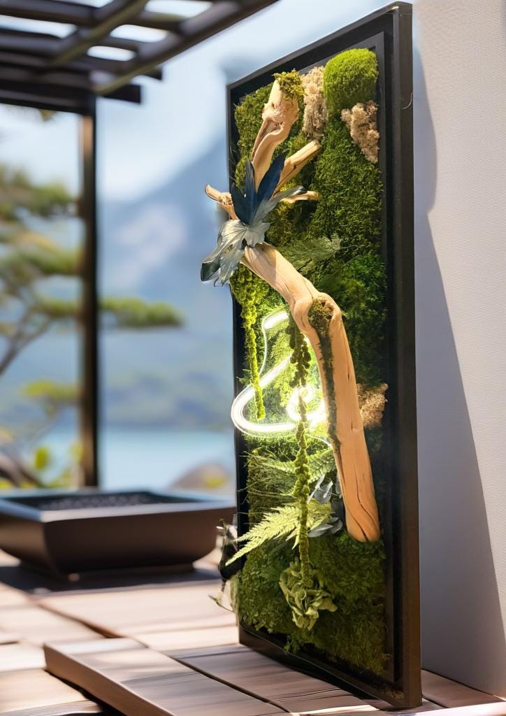 Grand cadre végétal mural lumineux « zen » Caisse américaine  Œuvre végétale verticale 100 cm  Décoration murale nature chic