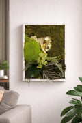 Cadre végétal stabilisé avec visage femme doré  Tableau mousse naturelle  Art végétal mural design zen luxe