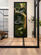 Grand cadre végétal mural lumineux « zen » Caisse américaine  Œuvre végétale verticale 100 cm  Décoration murale nature chic
