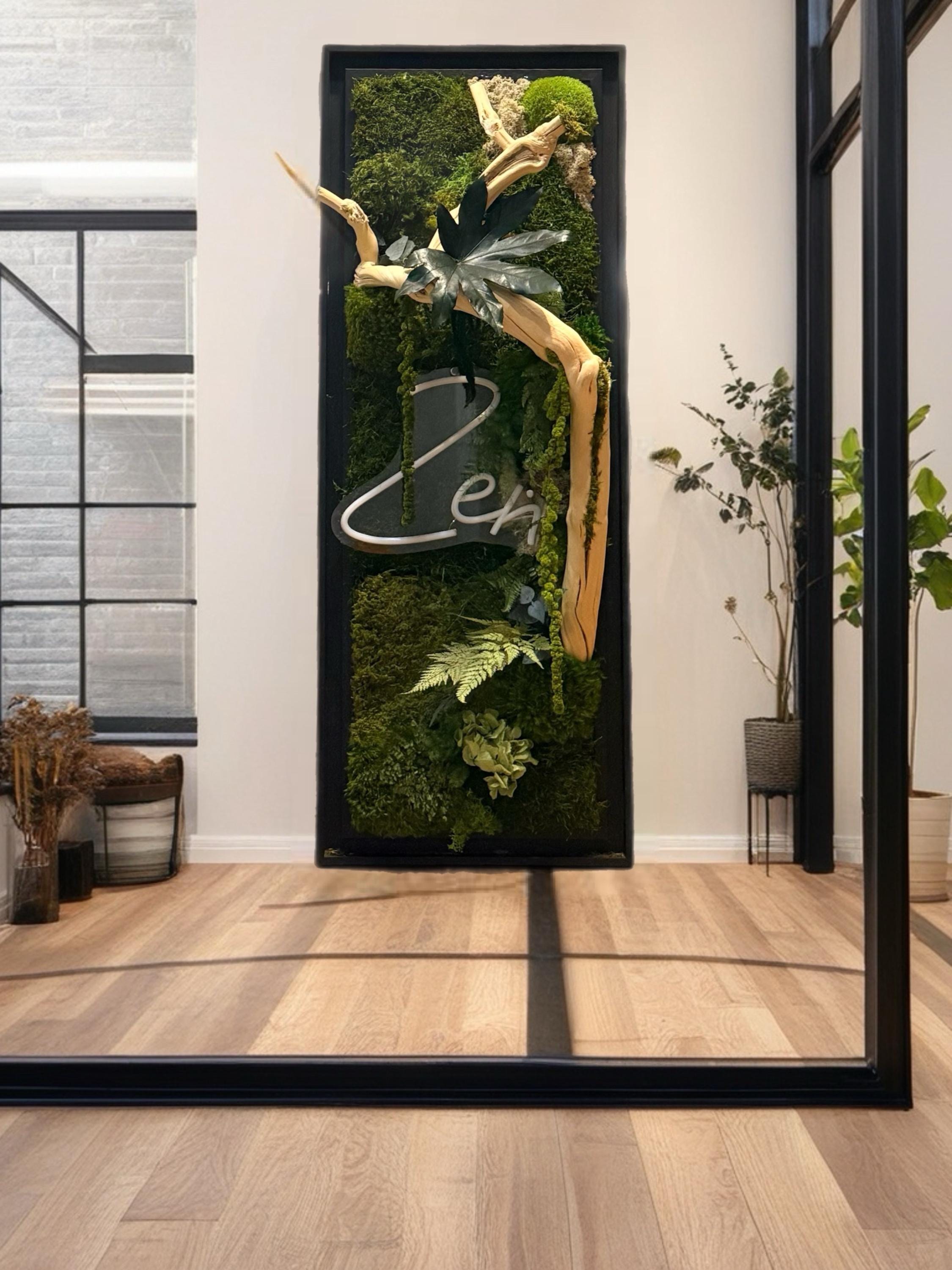 Grand cadre végétal mural lumineux « zen » Caisse américaine  Œuvre végétale verticale 100 cm  Décoration murale nature chic