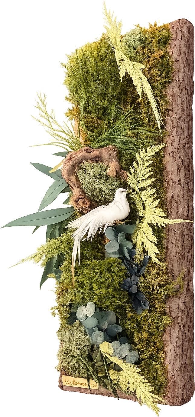 Cadre végétal stabilisé vertical en écorce naturelle  Tableau végétal mural avec mousse et feuillages  Décoration murale nature