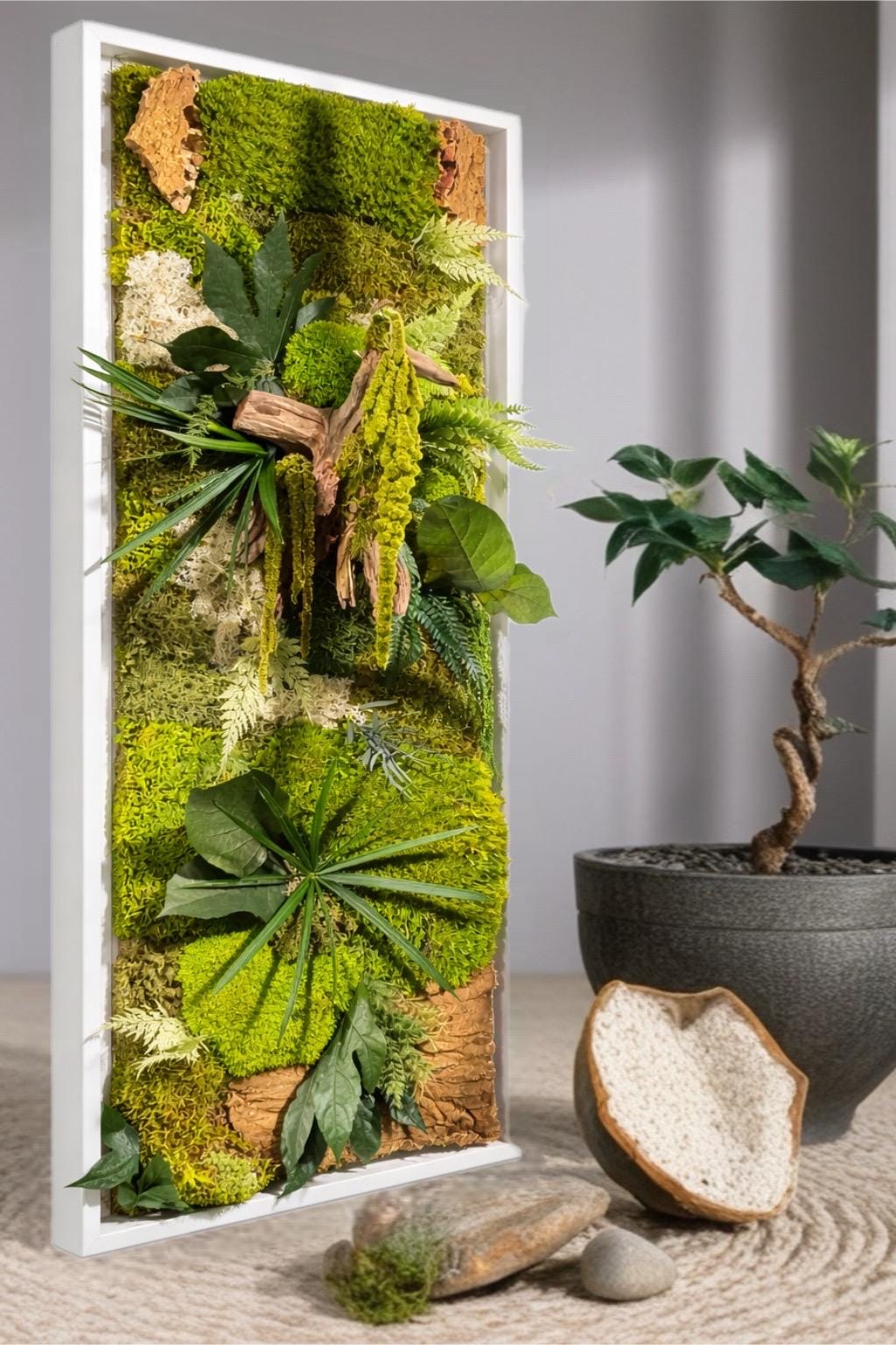 Grand tableau végétal mural en mousse stabilisée  Cadre caisse américaine bois blanc  Déco murale artisanale zen et élégante