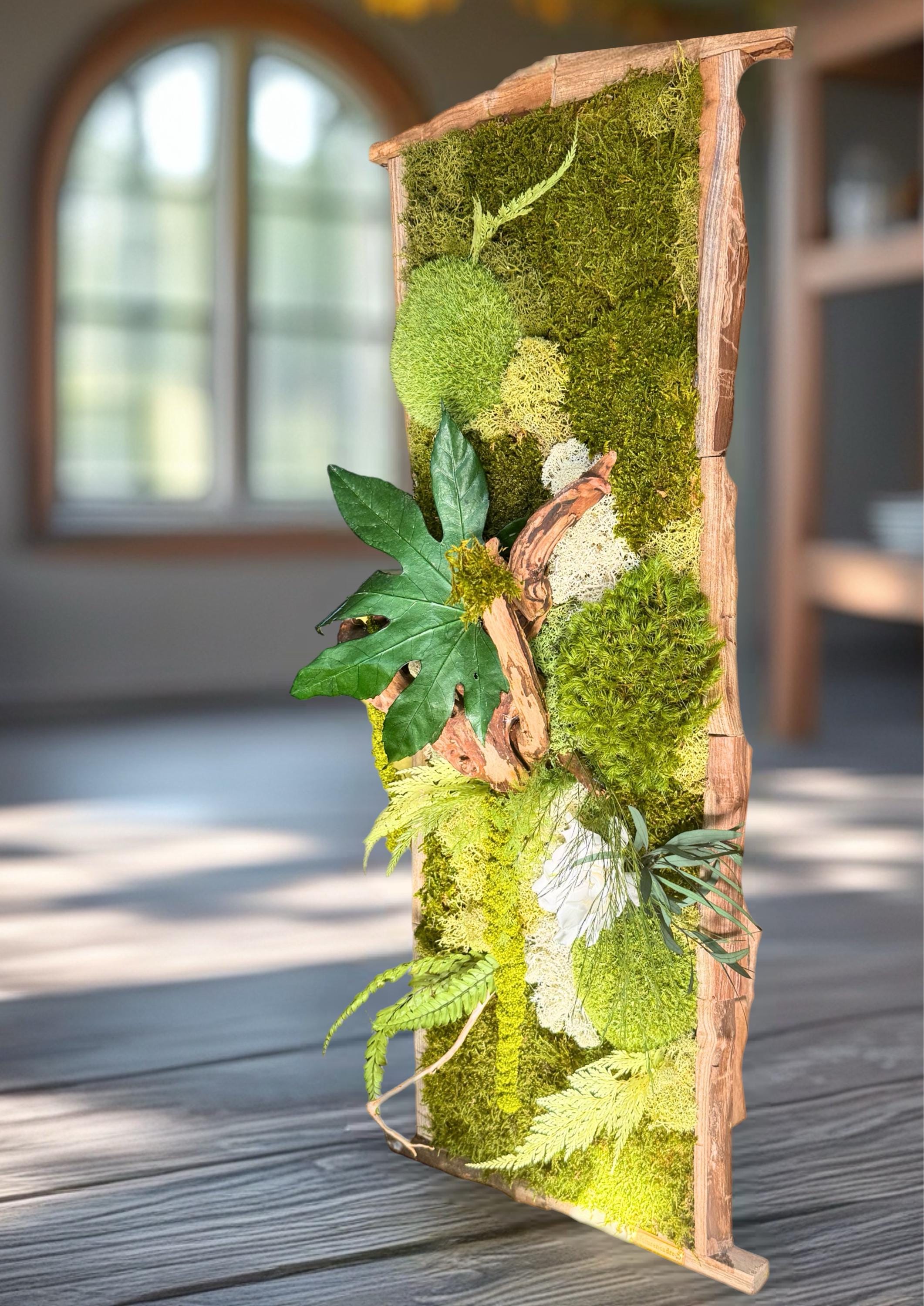 Cadre Végétal Stabilisé 30×68 cm – Bois Brut & Mousse | Déco Murale Zen Haut de Gamme