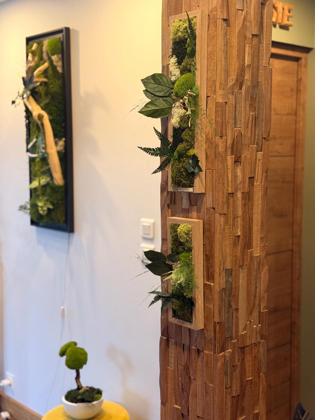 Cadre végétal étroit stabilisé mural Composition naturelle verticale en bois Déco zen design- Art végétal sans entretien