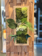 Cadre végétal étroit stabilisé mural Composition naturelle verticale en bois Déco zen design- Art végétal sans entretien