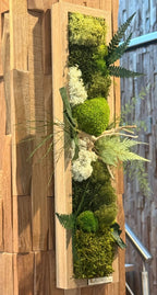 Cadre végétal étroit stabilisé mural Composition naturelle verticale en bois Déco zen design- Art végétal sans entretien