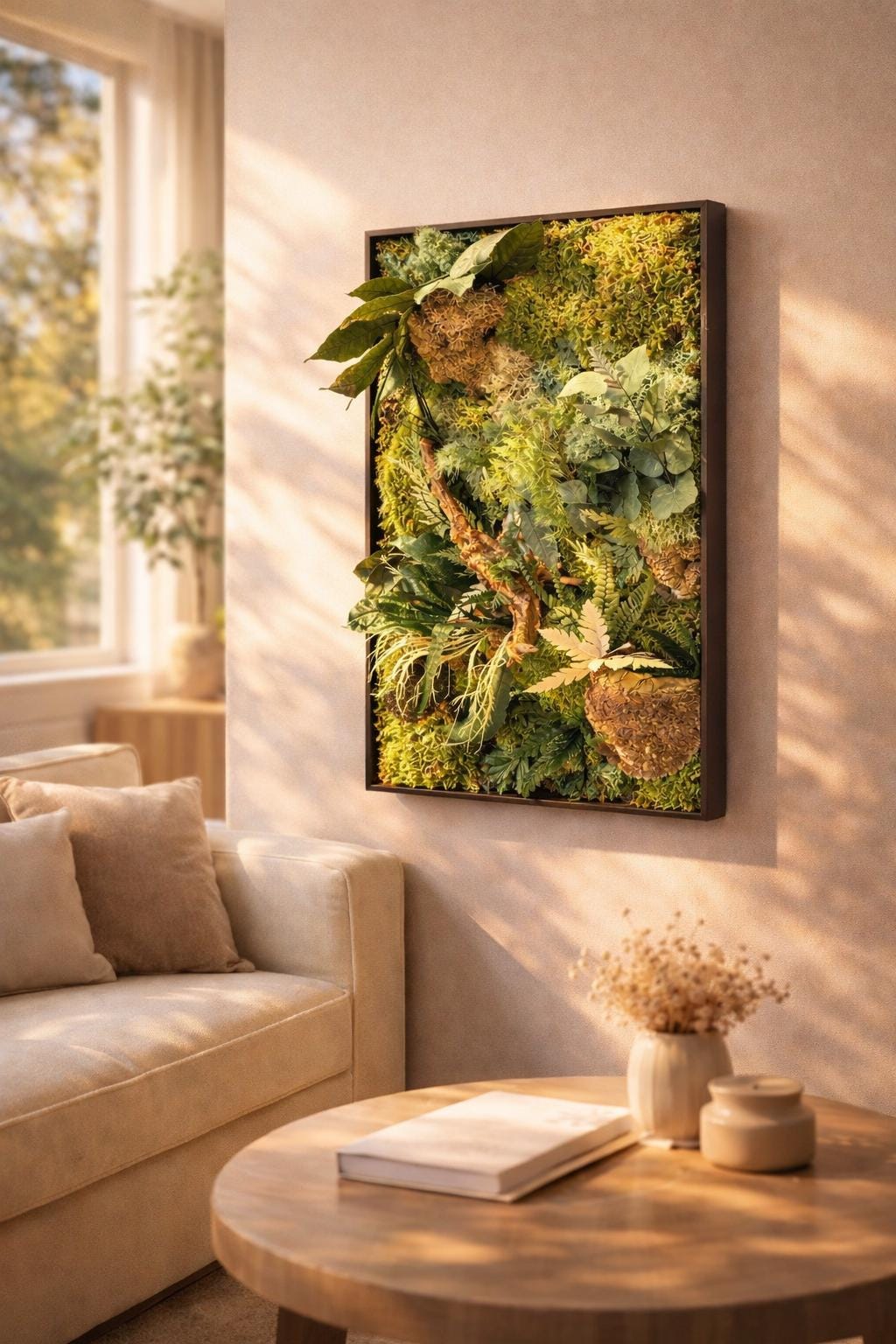 Cadre végétal stabilisé mural  Déco nature haut de gamme  Tableau végétal design bois flotté  Sans entretien  Cadeau déco unique
