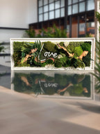 Cadre végétal 100 cm avec néon LOVE Art mural naturel luxe Décoration murale moderne bois flotté Tableau mousse stabilisée