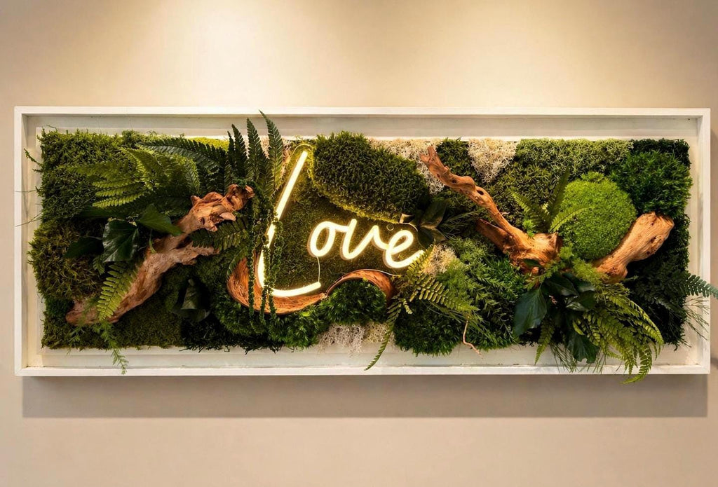 Cadre végétal 100 cm avec néon LOVE Art mural naturel luxe Décoration murale moderne bois flotté Tableau mousse stabilisée