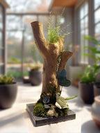 Décoration végétale sur bois flotté  Fleur de gardénia stabilisée, eucalyptus & mousse  Centre de table naturel haut de gamme