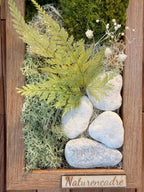 Cadre végétal étroit stabilisé vertical  Olivier & gypsophile  Décoration murale naturelle japandi  Sans entretien
